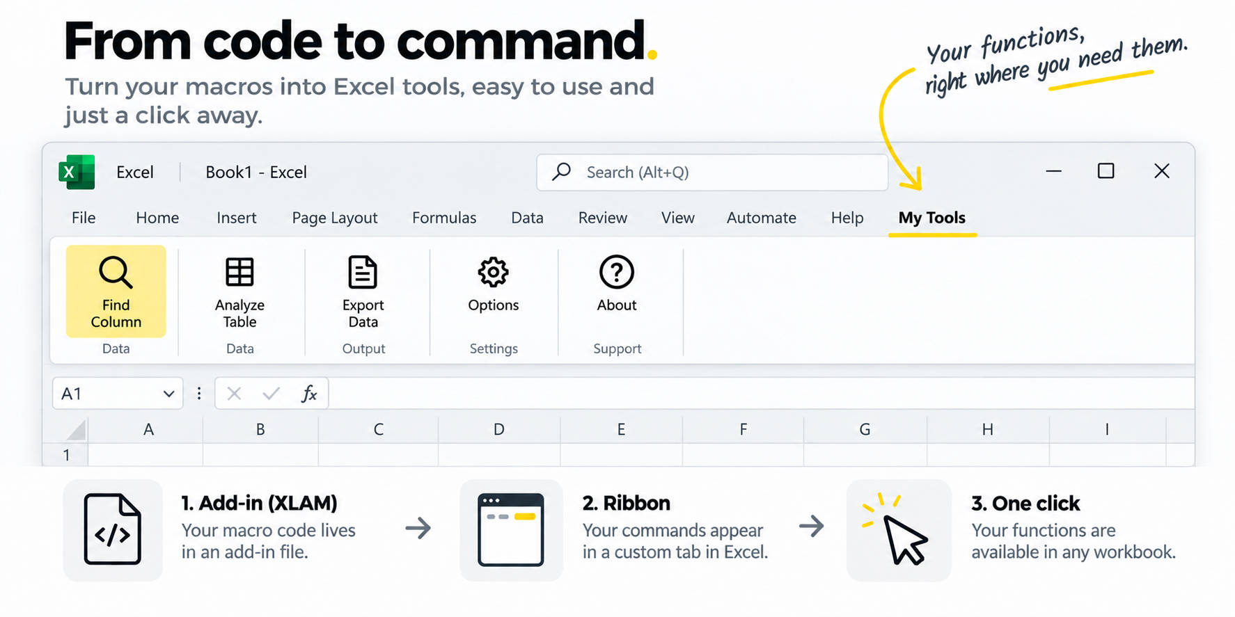 Excel add-in with a custom My Tools ribbon tab and one-click commands